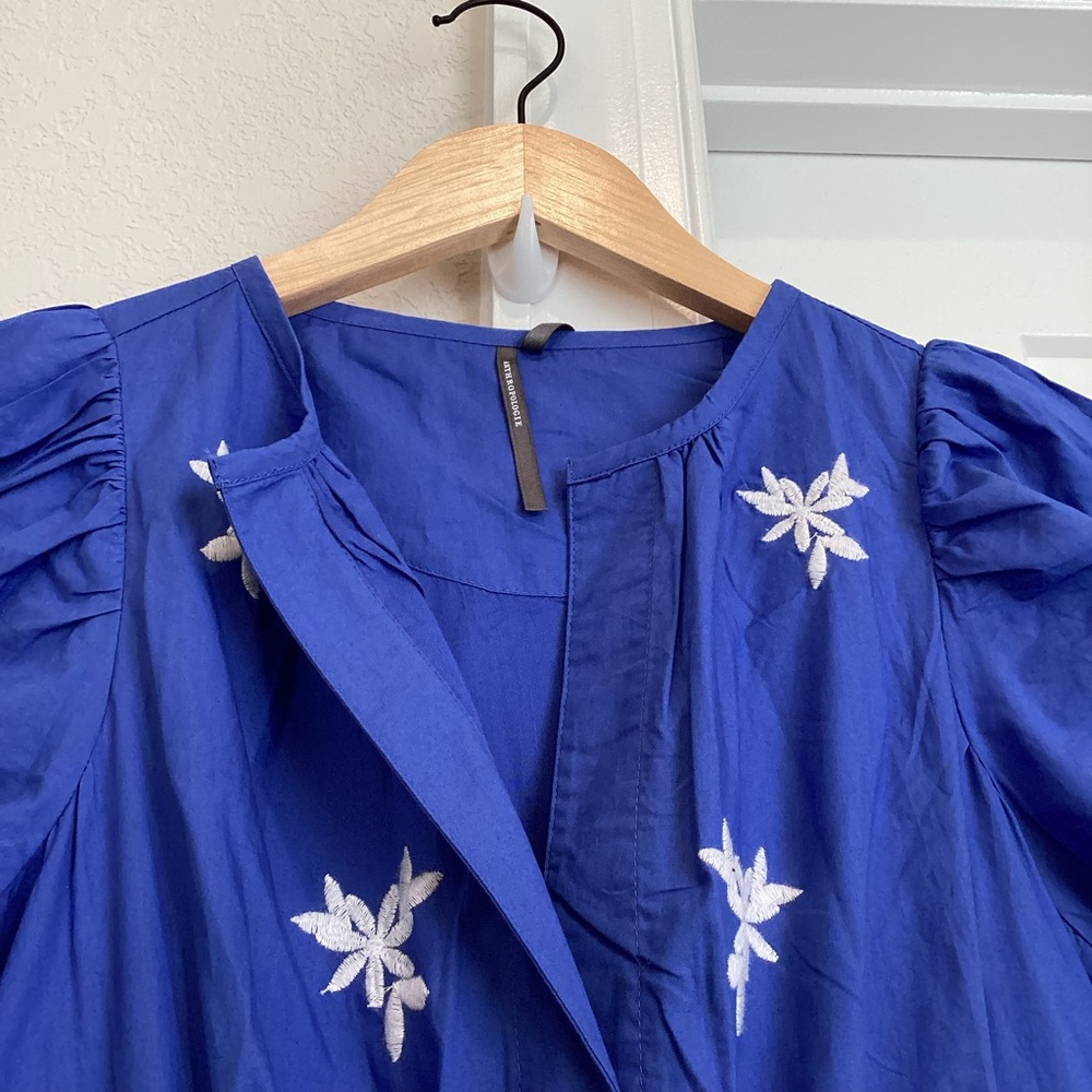 Anthropologie Somerset Embroidered Maxi Dress Short-Sleeve New XXS Blue White - Picture 6 of 16